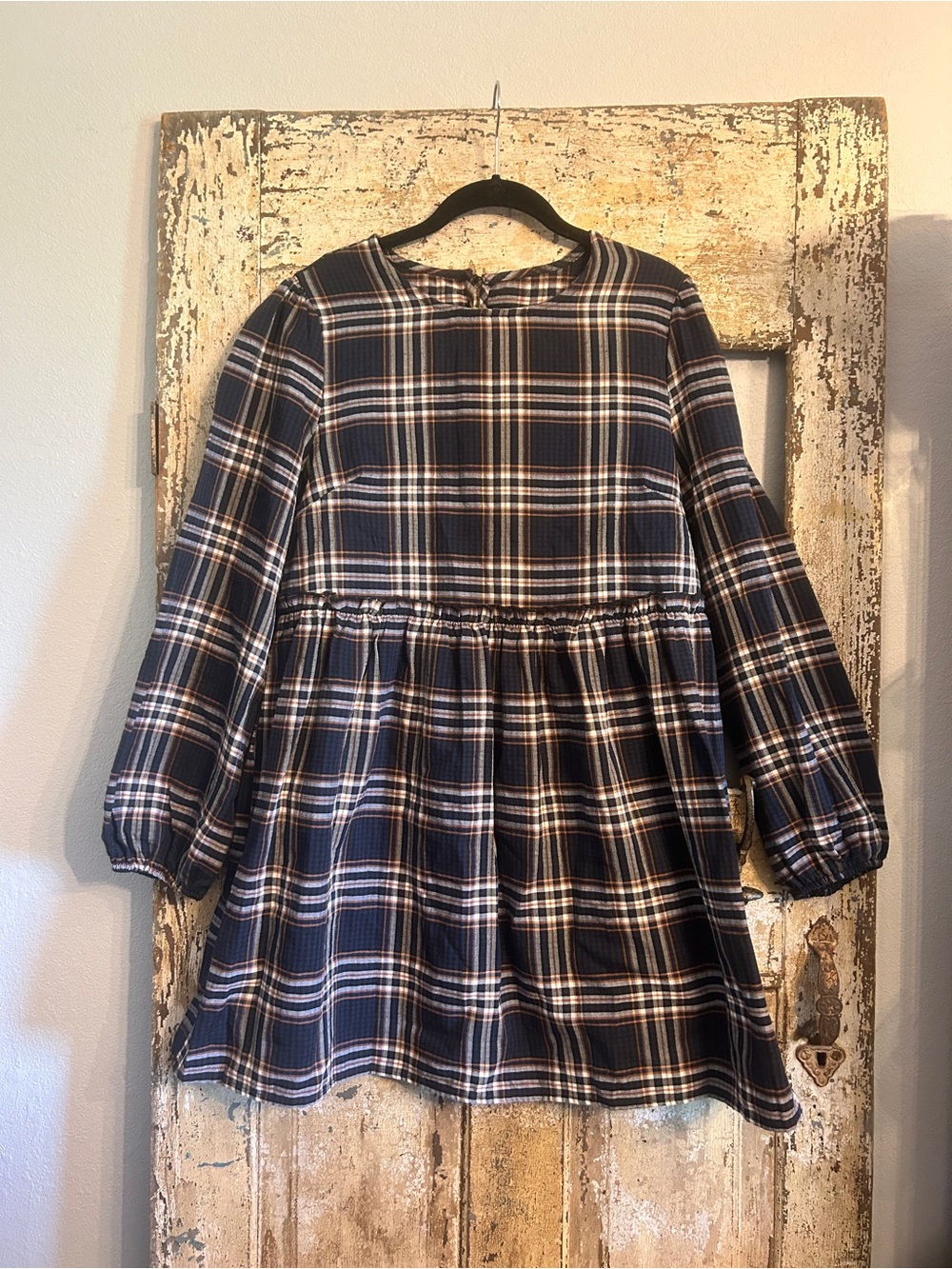 Cottagecore Navy Plaid Long Sleeve Babydoll Dress